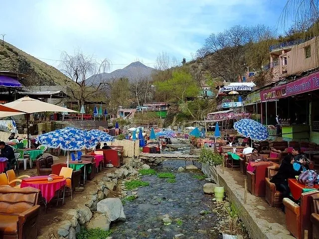 Colorful Riverside Cafes in Ourika Valley, Morocco